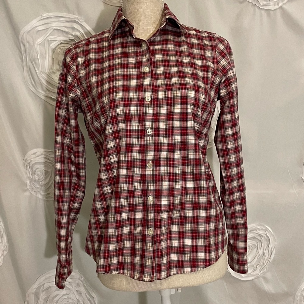 Lands End No-iron pinpoint Supima cotton red plaid oxford, 4P